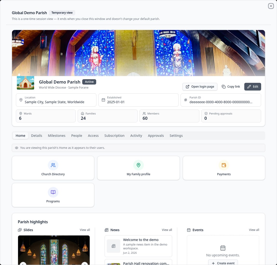 The real ParishConnect Global Demo Parish dashboard with parish details, statistics and highlights